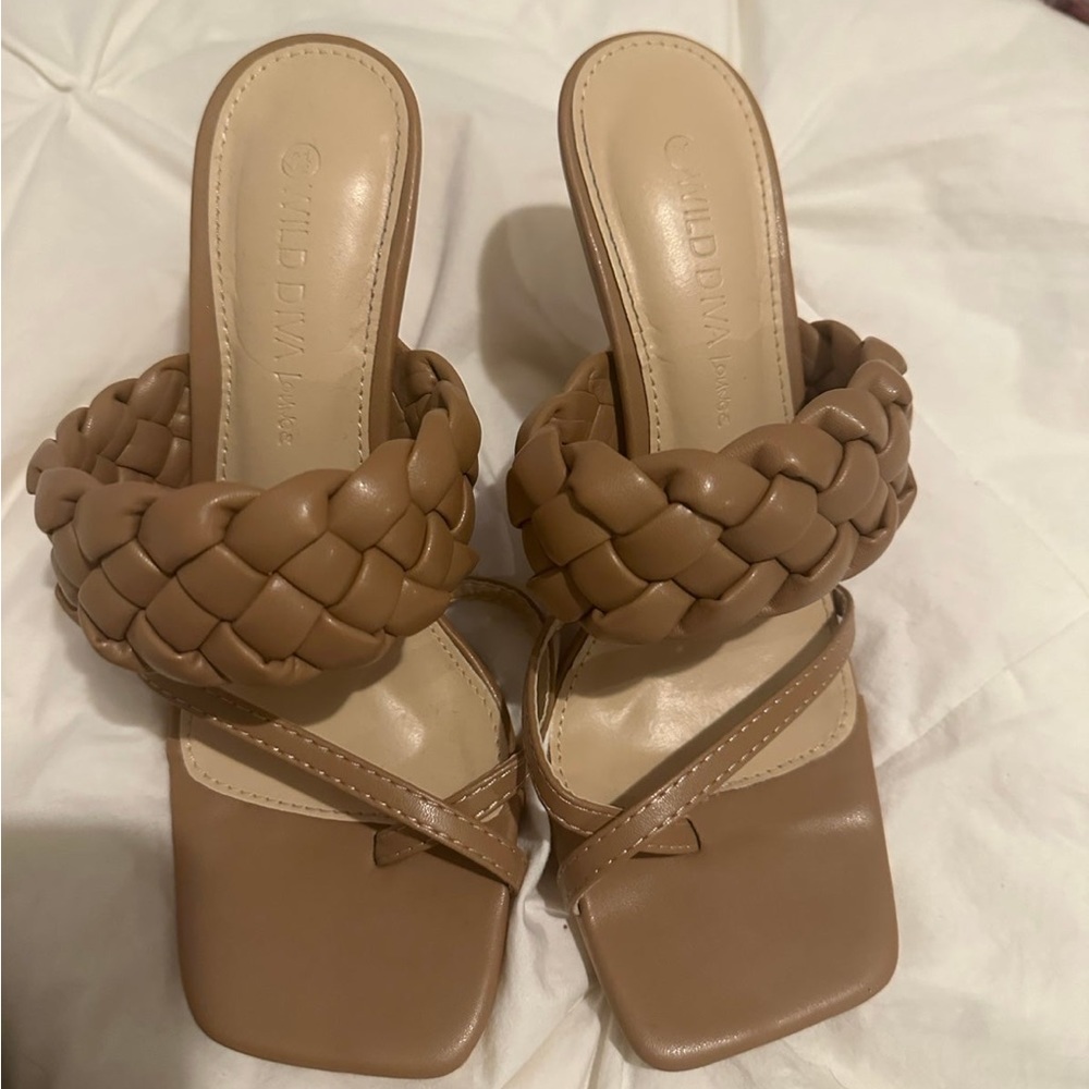 braided strap shoes heel sandal brown tan